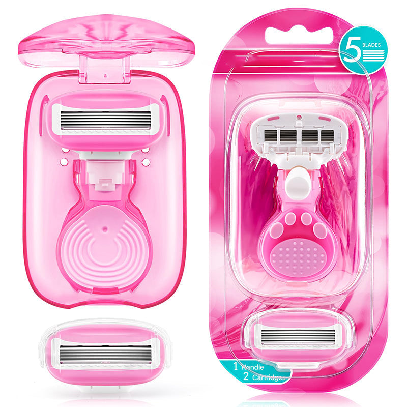💥Up to 50% off！💥Women's Travel Razor with Case 🐾 – 5-Blade, 360° Lubrication, 60° Pivoting Head, Cute Cat Paw Non-Slip Handle, Mini Portable Size