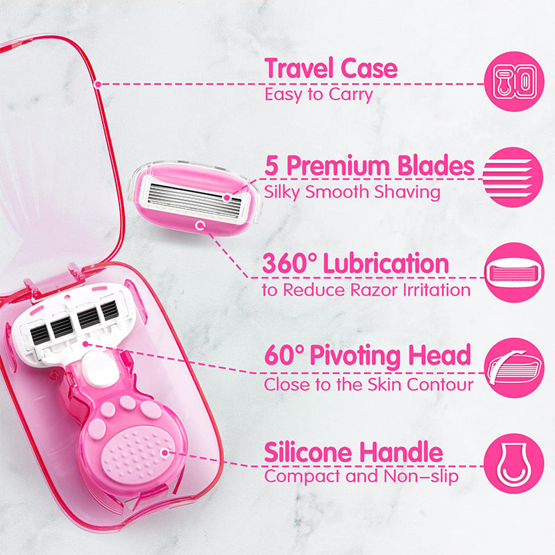💥Up to 50% off！💥Women's Travel Razor with Case 🐾 – 5-Blade, 360° Lubrication, 60° Pivoting Head, Cute Cat Paw Non-Slip Handle, Mini Portable Size